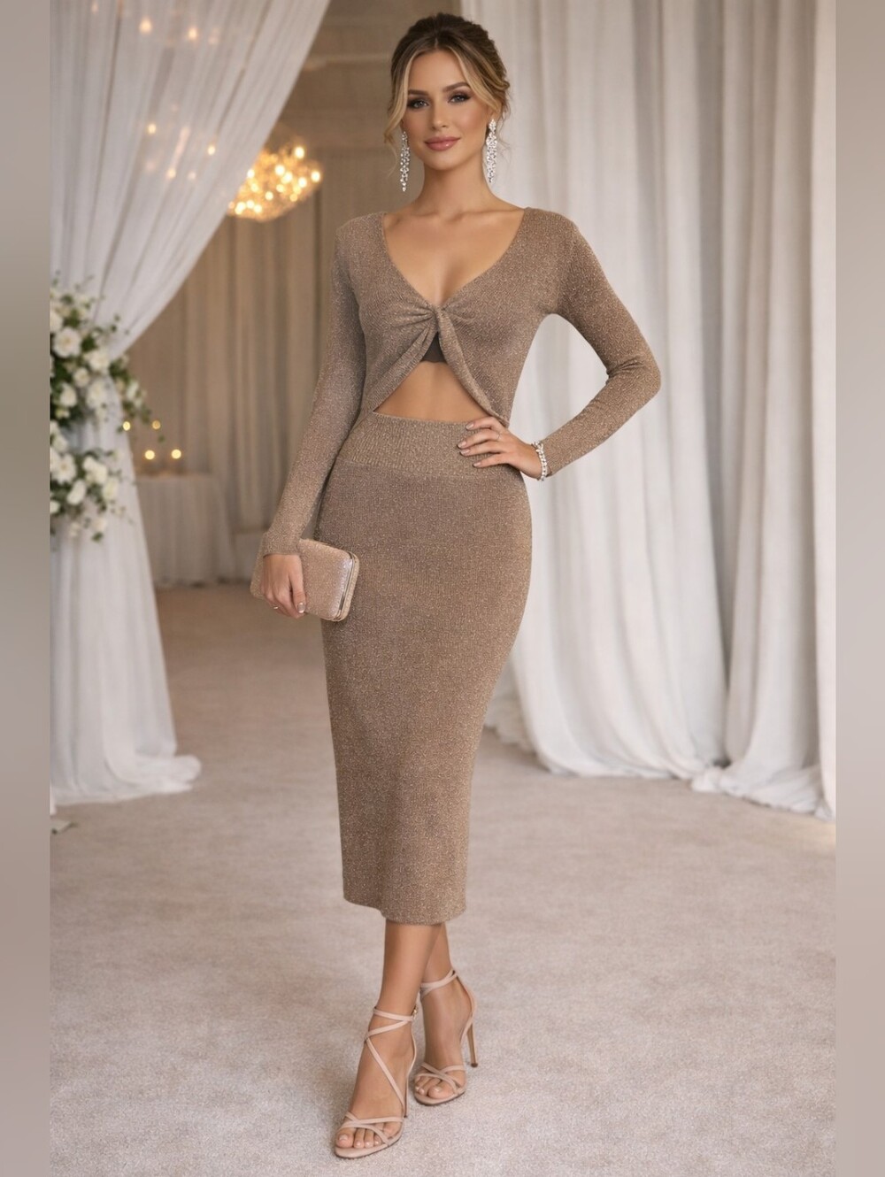 House of Harlow 1960 Metallic Gold Long Sleeve Cutout Maxi Dress